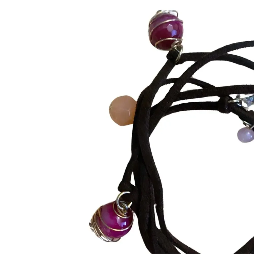 2/$30 Adjustable Leather Wrap Bracelet Necklace Brown Pink Charms Boho Festival